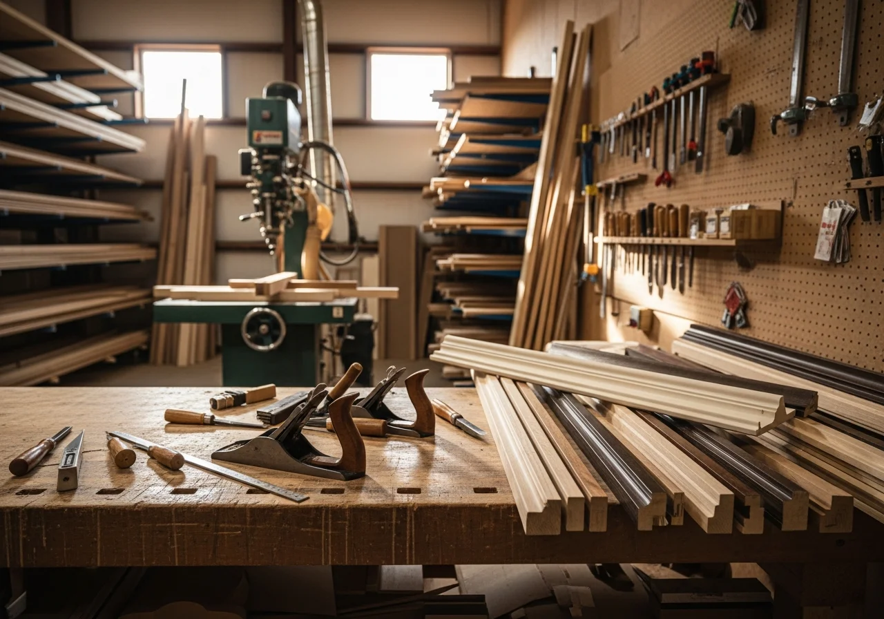 Woodworking shop floor with milling equipment, hand tools, and finished millwork samples displayed on workbenches.