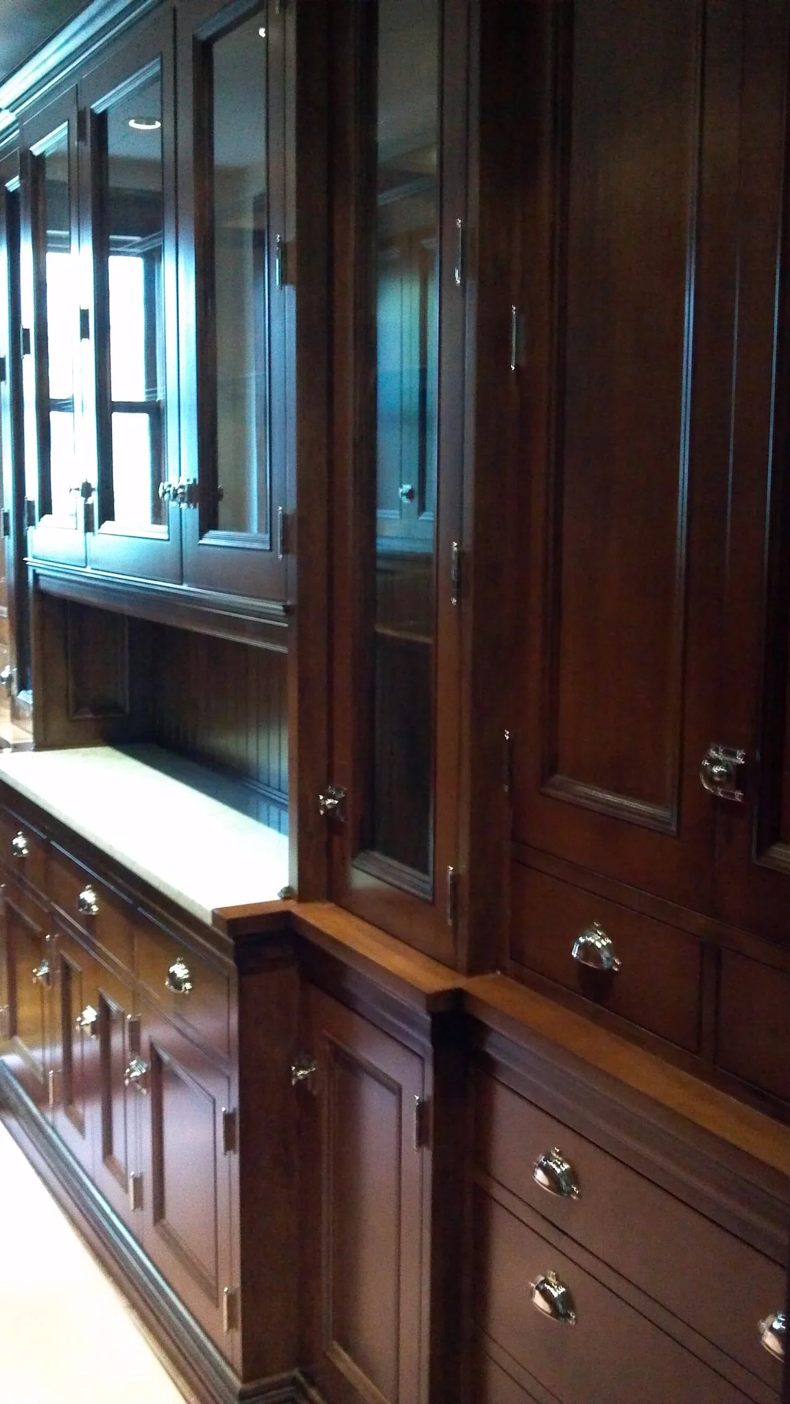 Dark wood custom closet with glass-front cabinets and chrome hardware