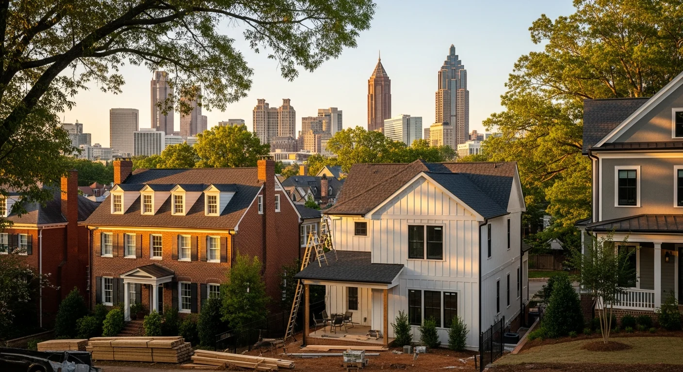Atlanta skyline with residential neighborhoods in foreground, showing mix of historic and modern homes.
