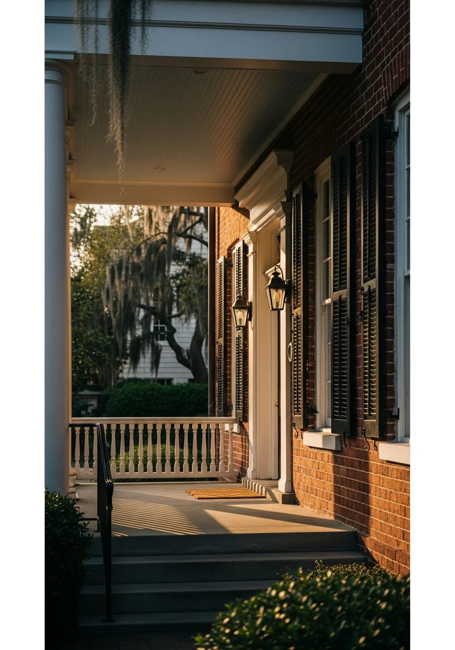 Charleston home entrance with traditional shutters and welcoming front porch in afternoon light.
