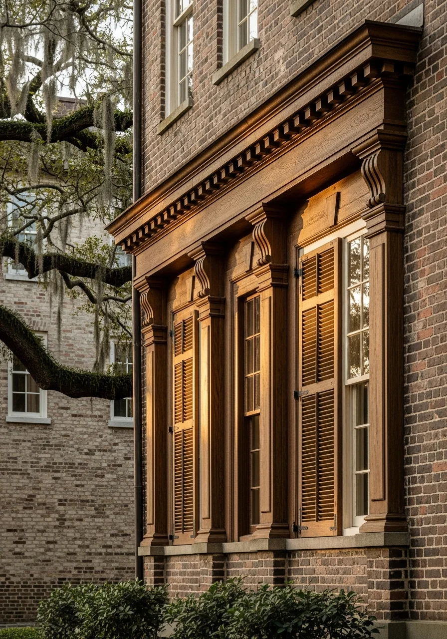 Savannah property detail showing period woodwork and brick with mature landscaping.