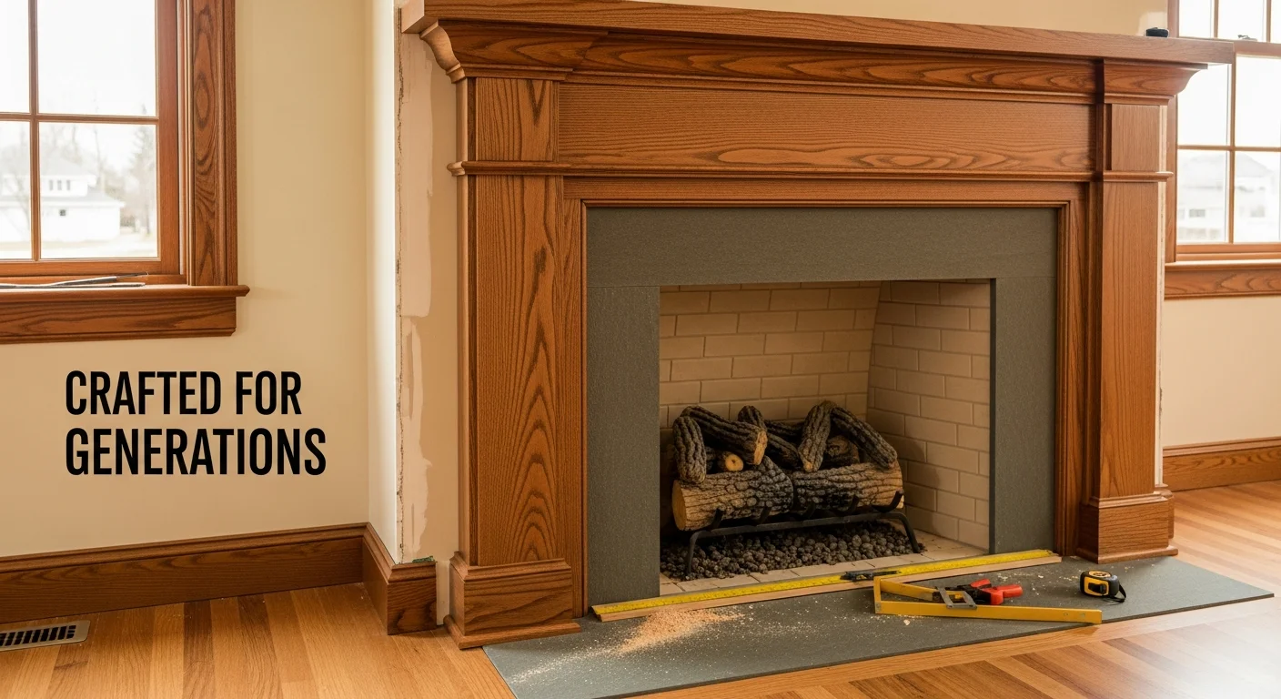 A carpenter installing a wood fireplace mantle surround in an Atlanta, GA home with Craftsman-style trim details. The finished mantle fits flush against the wall with clean joints and a painted wood finish.