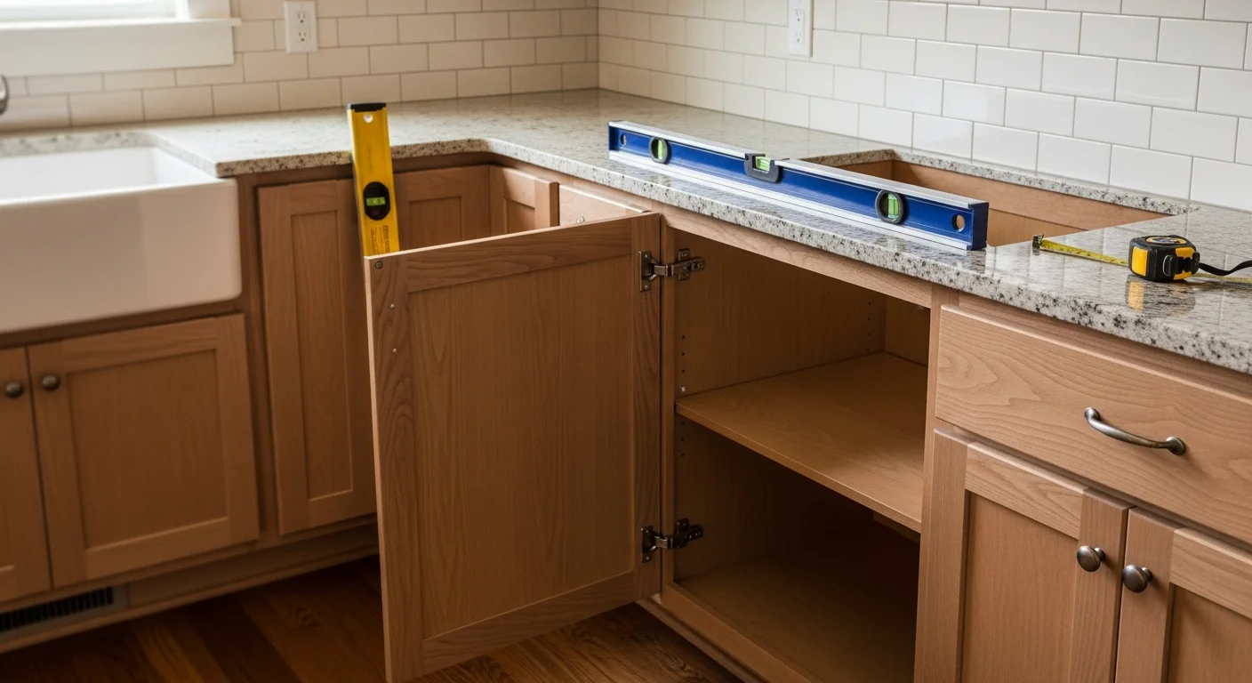 Newly installed floor-to-ceiling custom wood cabinets in an Atlanta home kitchen, with fitted upper and lower runs aligned to the room's exact wall dimensions. Cabinet doors and drawer fronts show a consistent finish that matches the surrounding trim work.