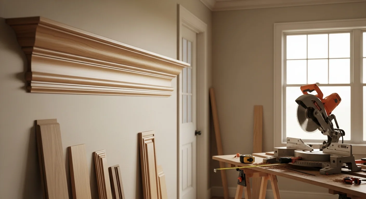 A finished living room in an Atlanta, GA home showing freshly installed custom crown moulding and door casing with tight mitered joints. The trim is painted white and runs continuously along the ceiling line and around a wood-paneled doorway.