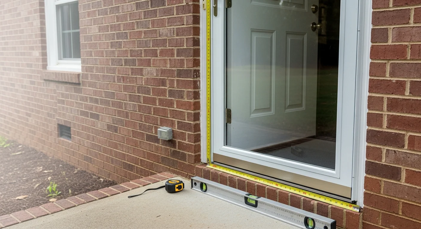 A custom storm door installed on the front entry of an Atlanta, GA brick home, showing a full-view glass panel with a fitted aluminum frame and closed screen. The door sits flush with the existing entry door frame, with no visible gaps along the sides or top.