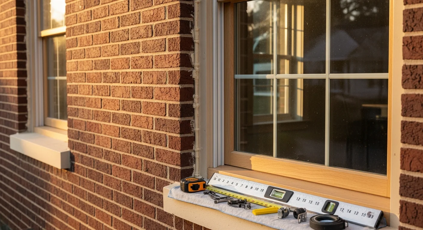 A Southern Trim Co installer fitting a custom storm window over an existing wood-frame window on a residential home in Atlanta, GA. The finished unit sits flush with the original frame on a single-story brick house.