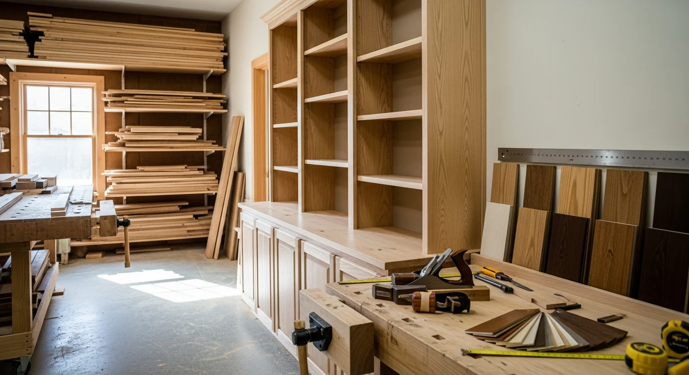 A finished custom built-in shelving unit with detailed trim work installed in an Atlanta, GA home, showing floor-to-ceiling wood construction with consistent stain and clean joinery. The piece fills an alcove wall and includes lower cabinet storage below open display shelving.