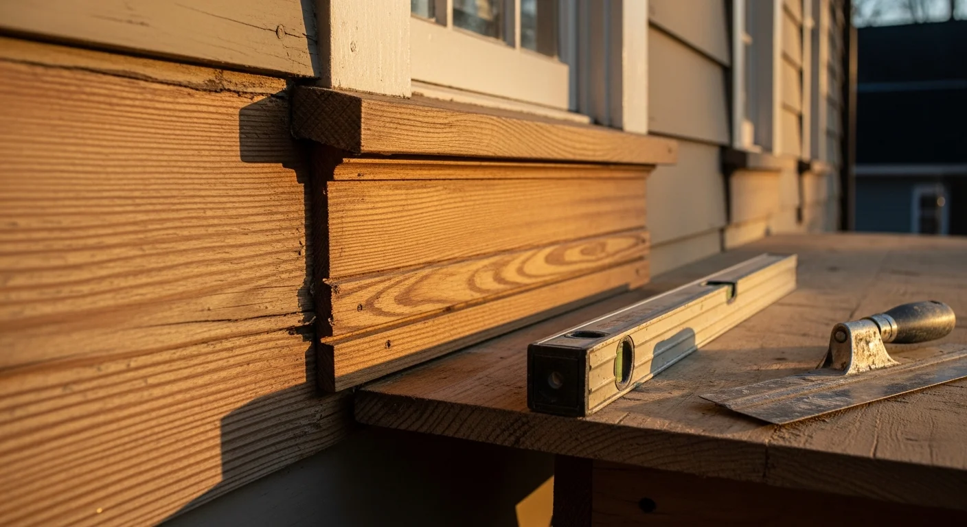 Close-up of a freshly repaired and refinished exterior wood trim board on an Atlanta home, showing clean edges, smooth surface, and a uniform protective finish. Porch column and painted siding visible in the background.