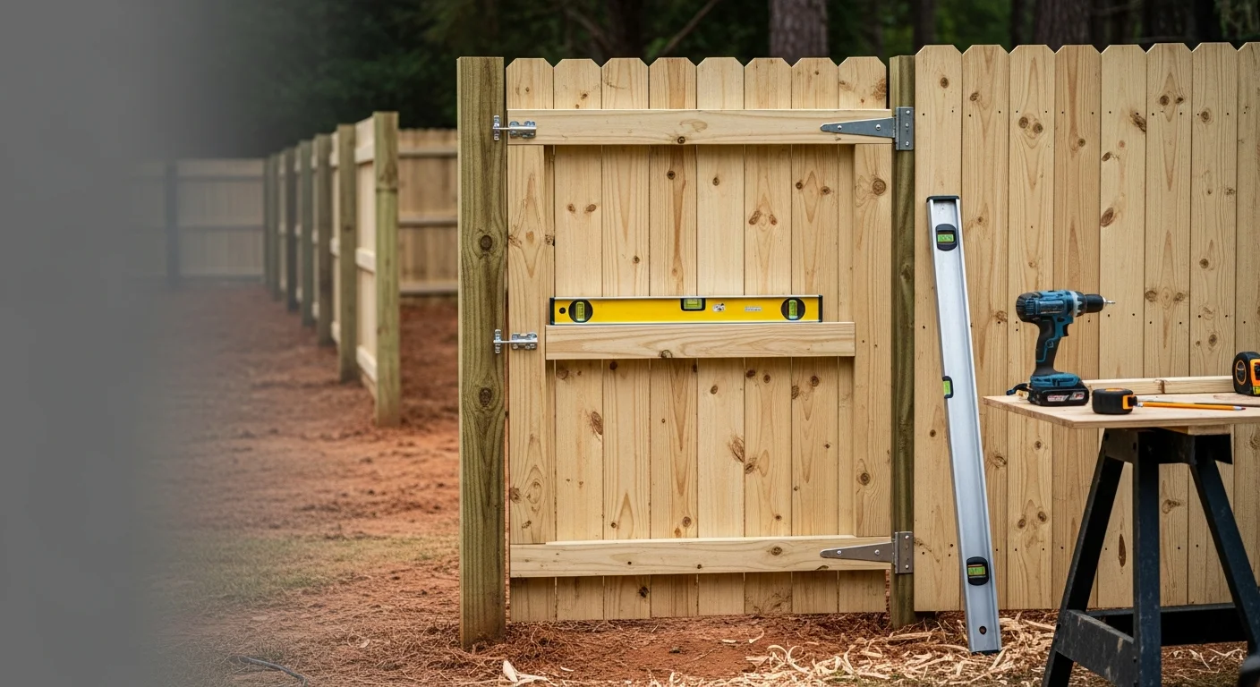 A custom exterior wooden gate installed by Southern Trim Co at a residential property in Atlanta, GA, with deep-set posts and board-on-board construction. The gate is closed and flush with the surrounding wood fence line in a backyard setting.