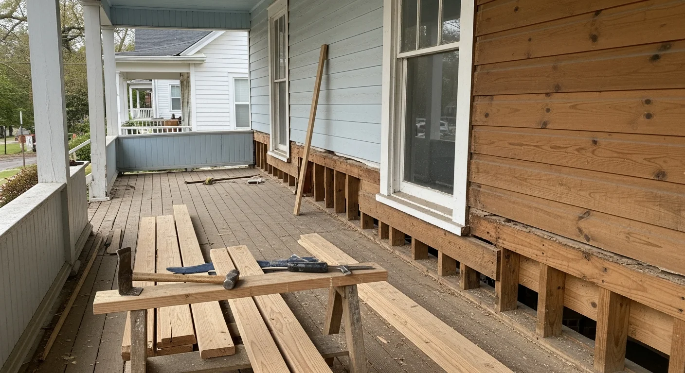 A restored front porch on an Atlanta craftsman bungalow showing replaced floorboards, repaired wood columns, and freshly painted trim. The porch structure is sound and the wood surfaces are clean, sealed, and free of rot damage.
