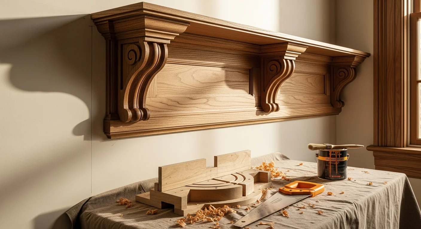 Restored decorative wood brackets and period-profile crown molding on the front porch of a Craftsman-style home in Atlanta, GA. Close-up view shows freshly matched trim sections blending with original millwork details.