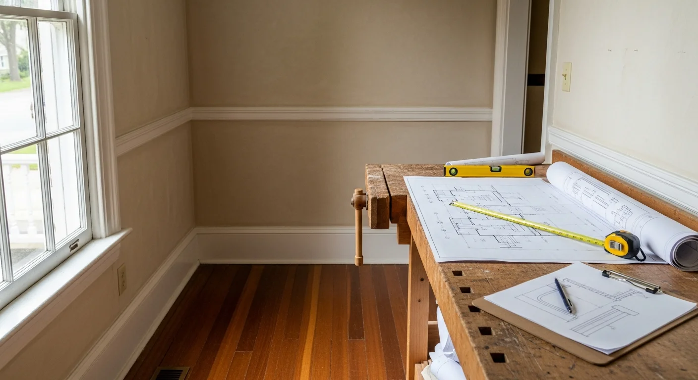 A Southern Trim Co consultant reviewing original wood trim and millwork details inside an Atlanta historic home. The interior shows period-appropriate craftsman woodwork typical of pre-1940 intown Atlanta neighborhoods.