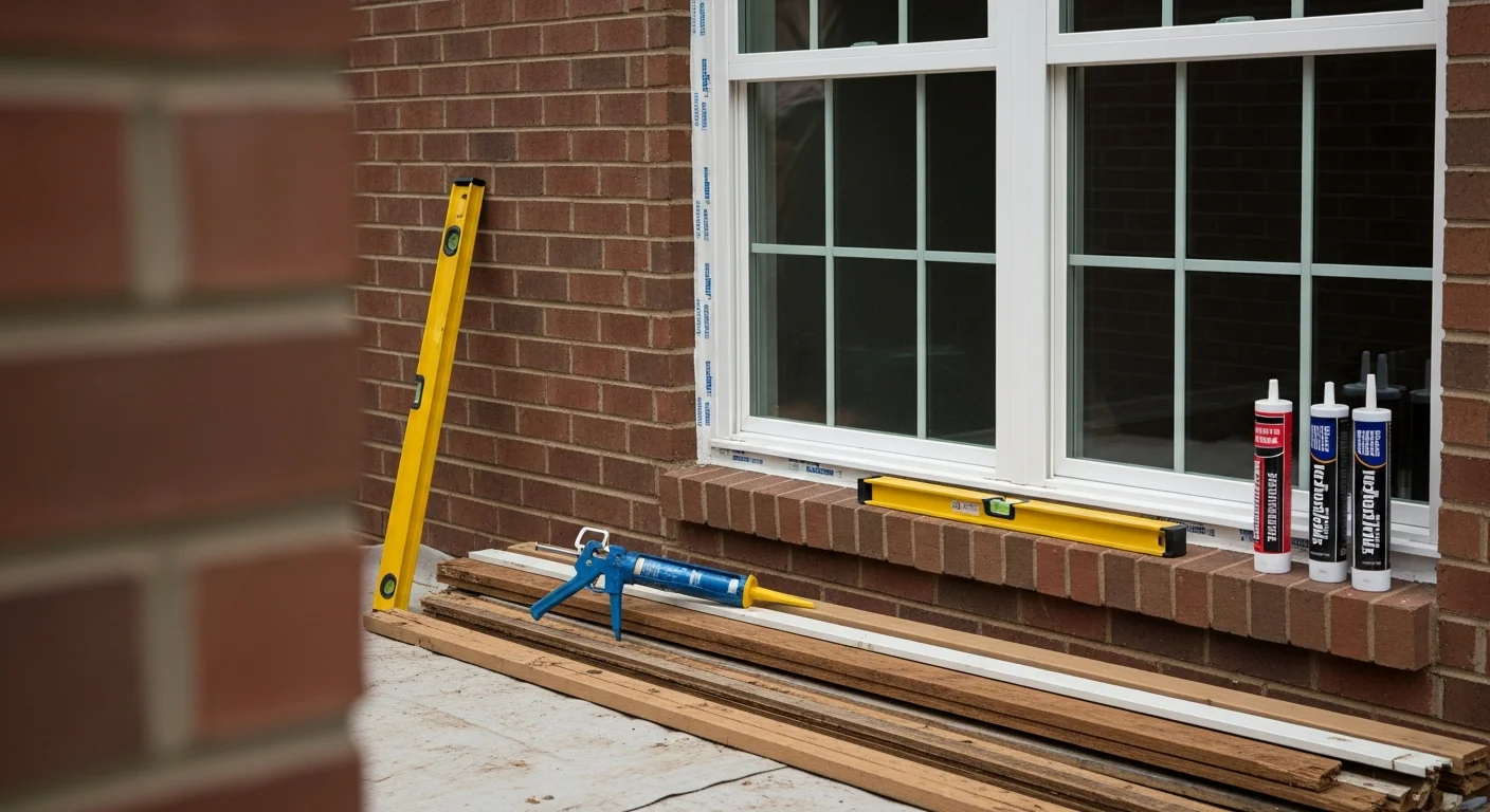 Newly installed replacement windows and a painted entry door on an Atlanta, GA residential home with a brick exterior. The finished installation shows clean trim lines and tight seals around each frame.