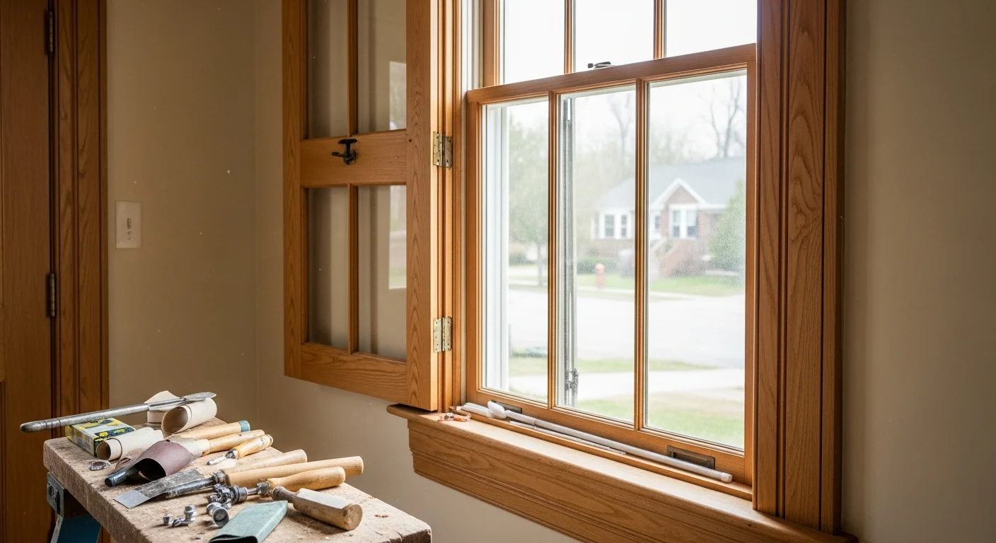 A restored wood entry door and window frame on an Atlanta, GA home, showing clean sills, tight weatherstripping, and refinished wood surfaces after professional restoration work by Southern Trim Co.